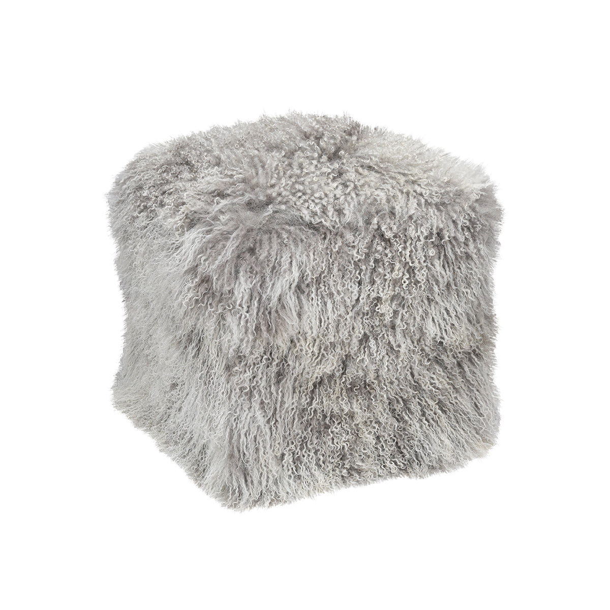 Ash Grey-Tipped Tibetan Pouf with soft ash grey and ivory curly fur