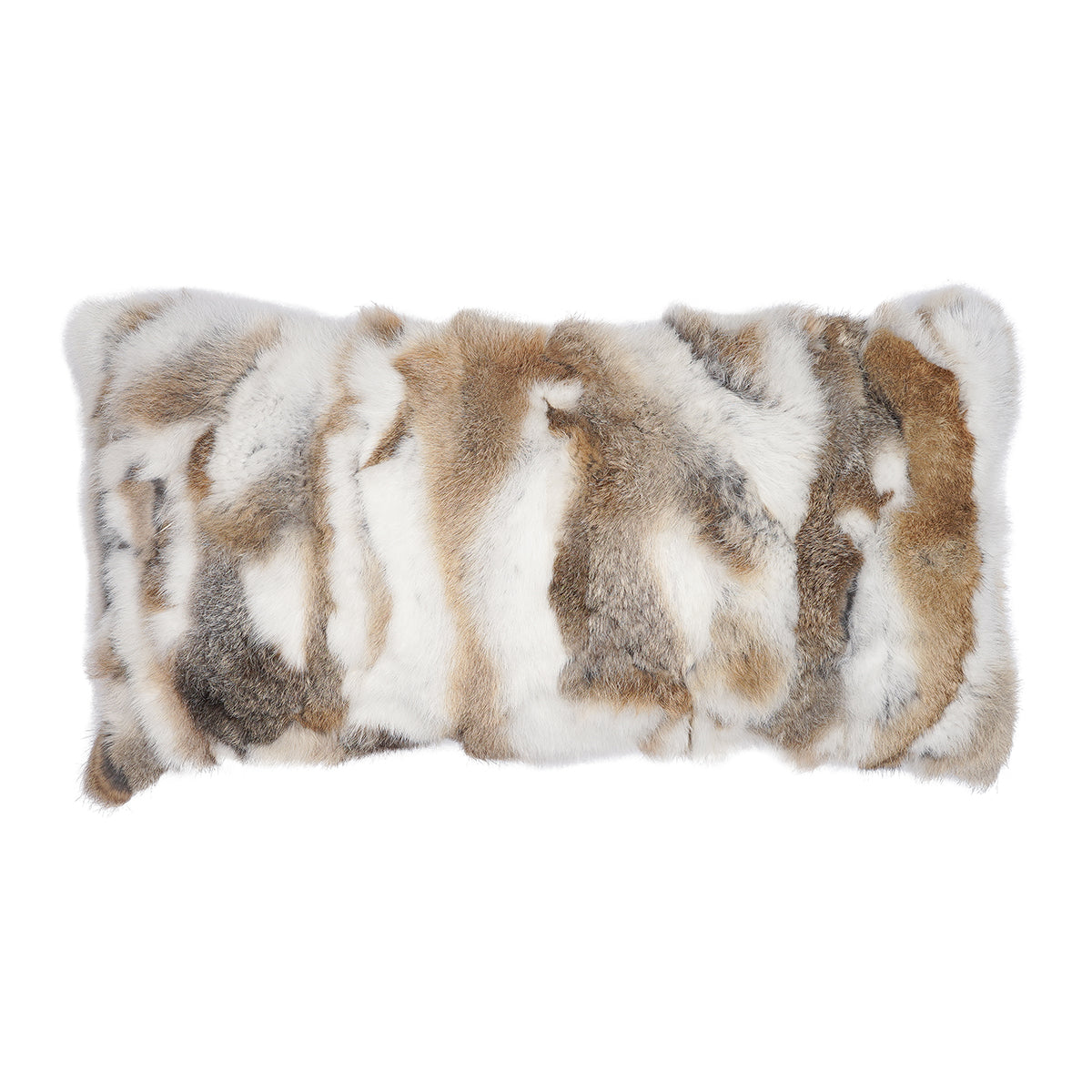 Brown pieced rabbit fur lumbar pillow in brown taupe grey and ivory