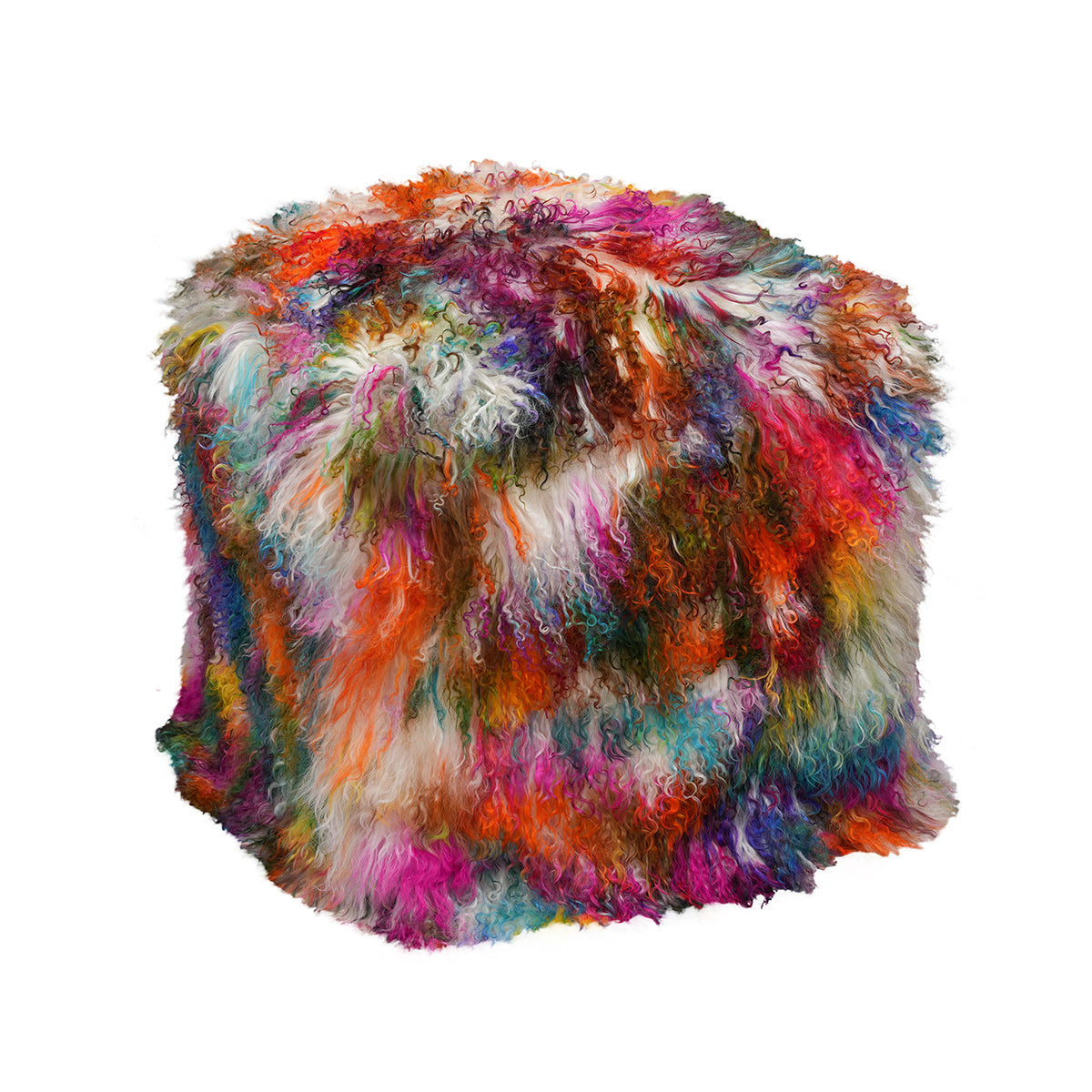 Light Confetti Tibetan Pouf with ivory fur and vibrant multicolor accents