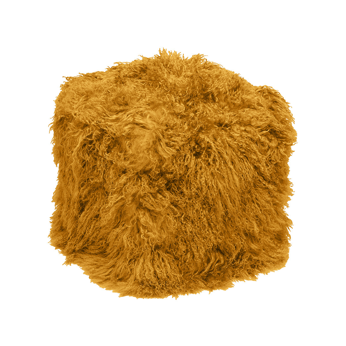 Mustard Tibetan Pouf with richly curled mustard-colored fur