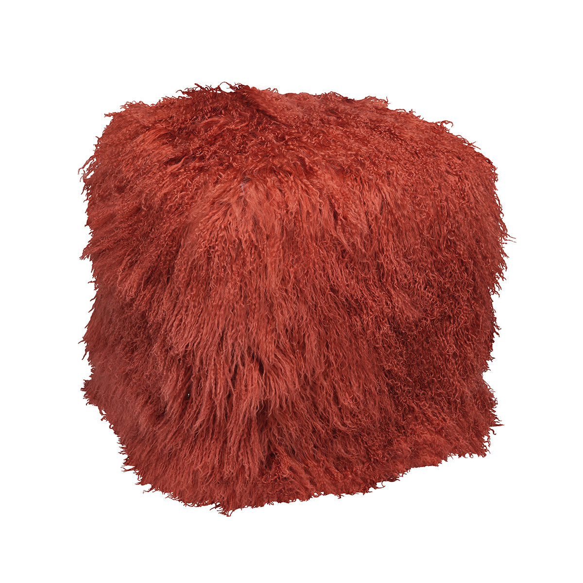 Rust Tibetan Pouf with richly curled rust-colored fur