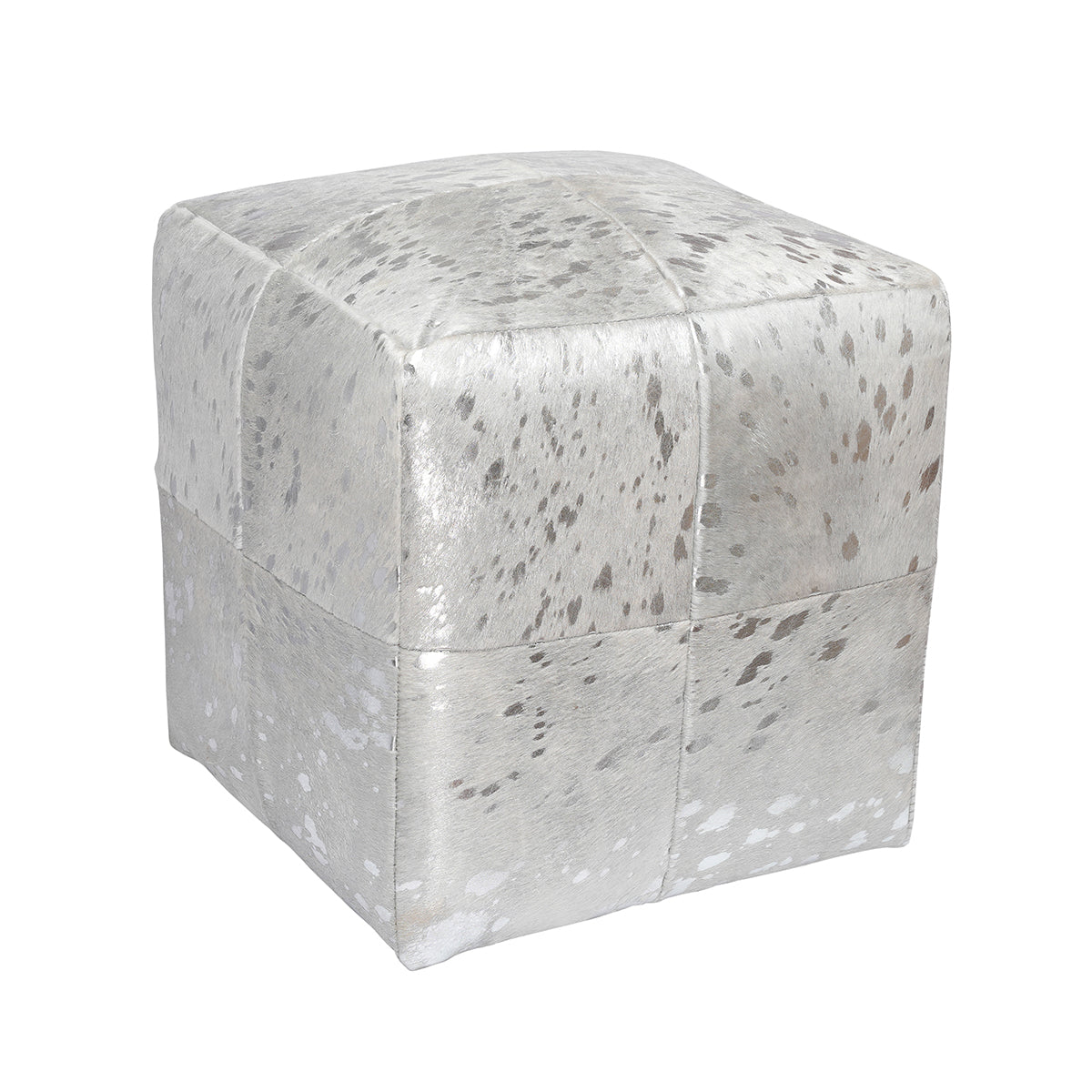 Silver on Ivory Acidwash Cowhide Pouf with genuine hair-on-hide and metallic silver patterning