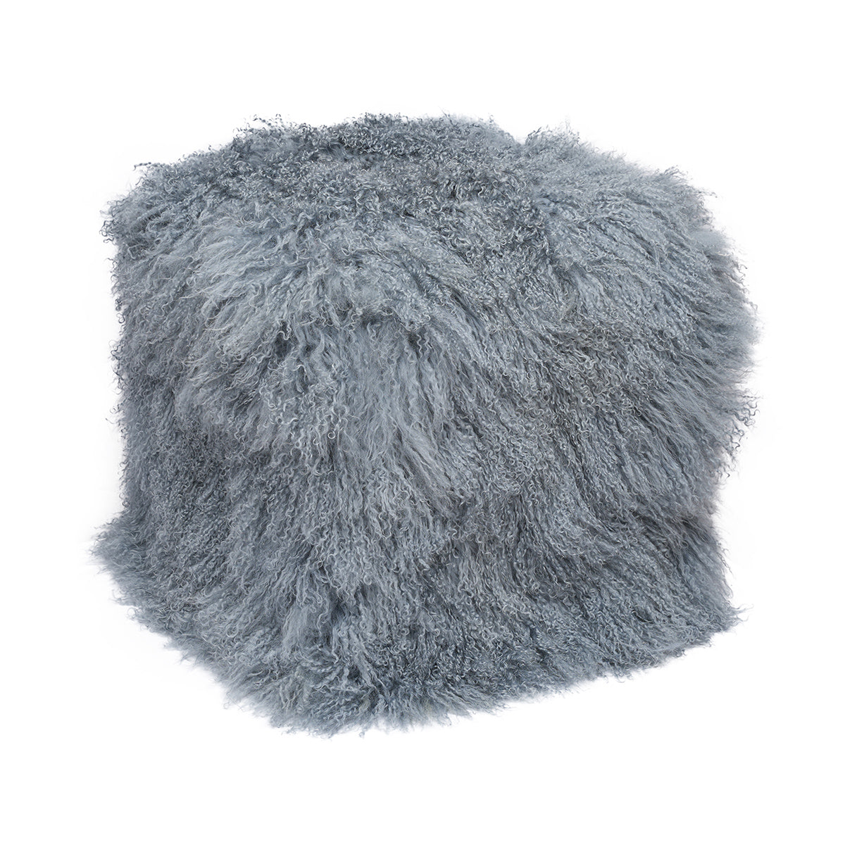 Steel Grey Tibetan Pouf with softly curled steel grey fur
