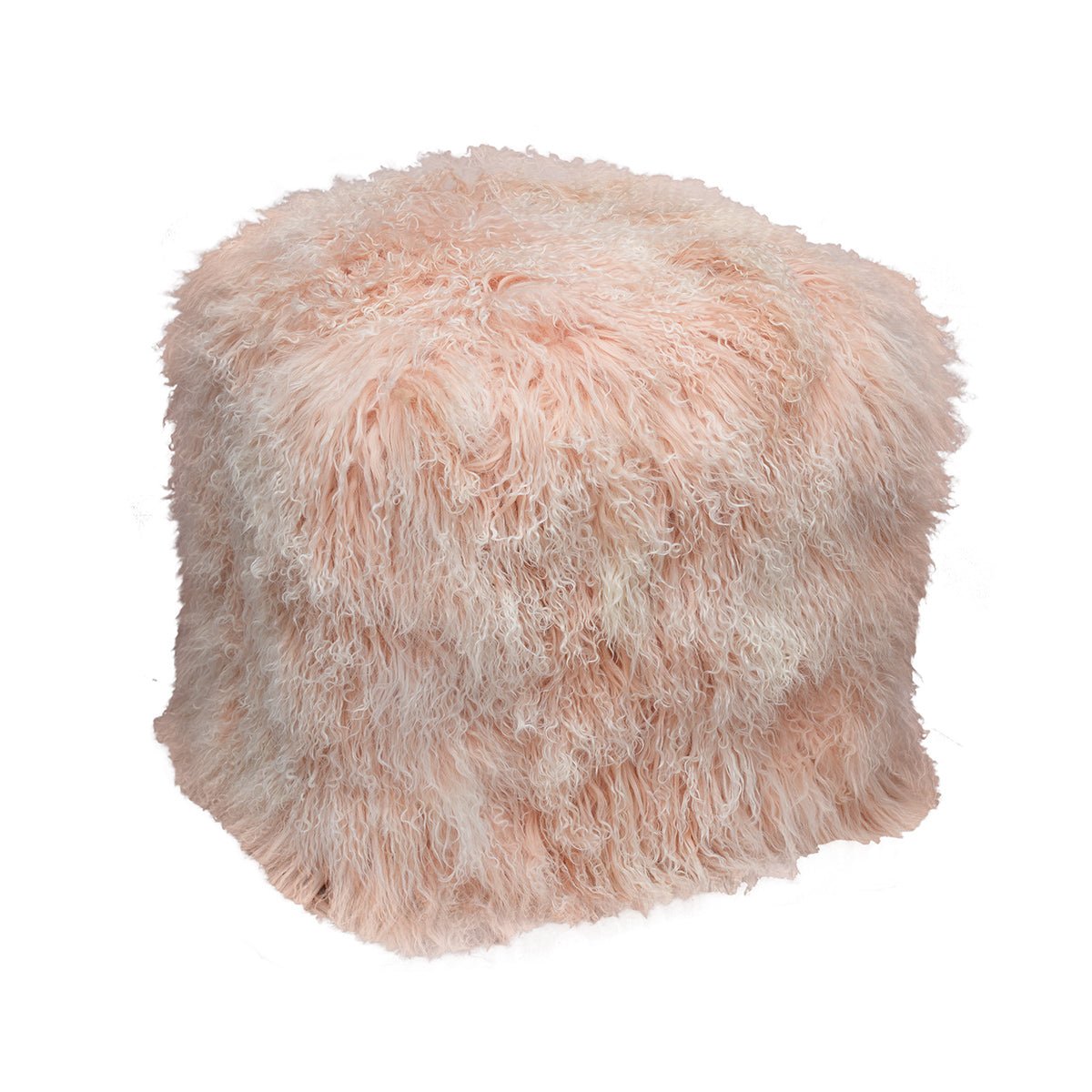 Blush-Tipped Tibetan Pouf with soft blush and ivory curly fur