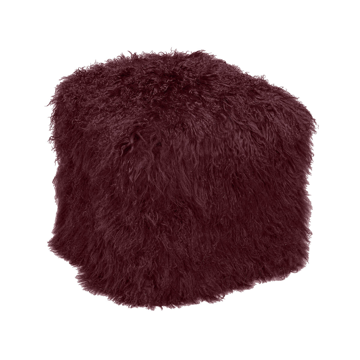 Cabernet Tibetan Pouf with deep cabernet richly curled fur