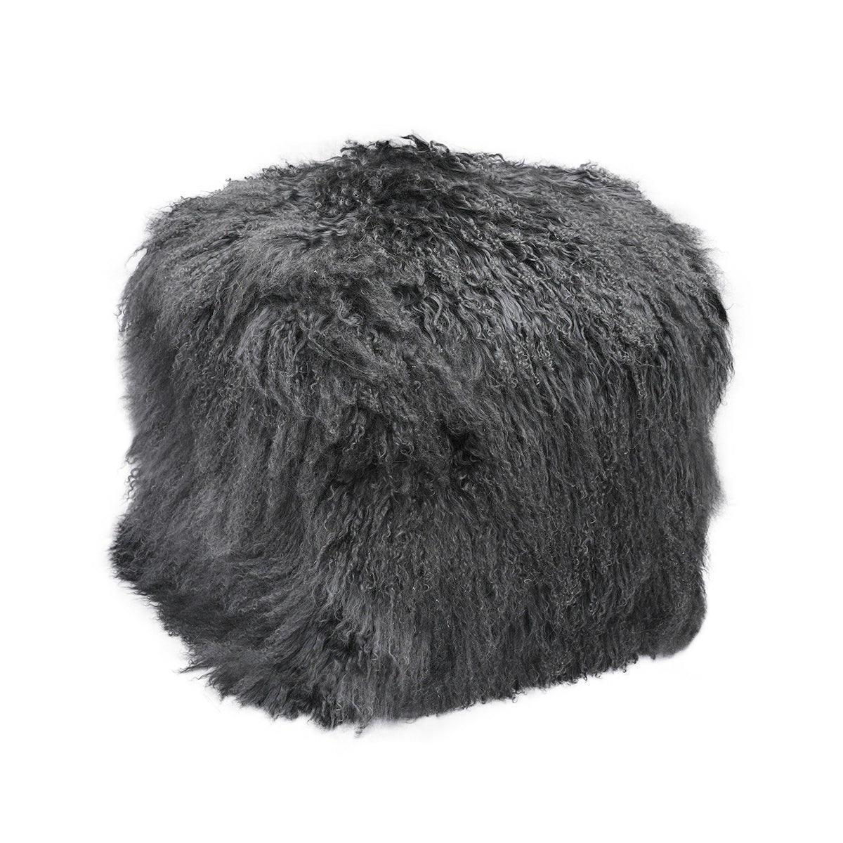 Charcoal Tibetan Pouf with deep charcoal grey richly curled fur