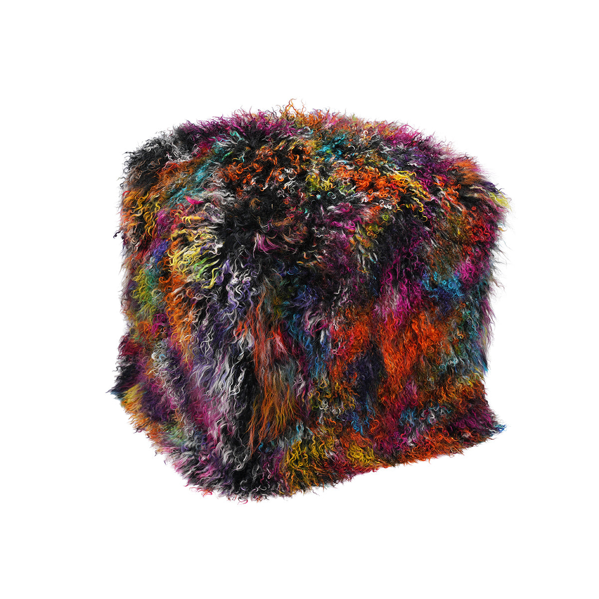 Dark Confetti Tibetan Pouf with black fur and vibrant multicolor accents