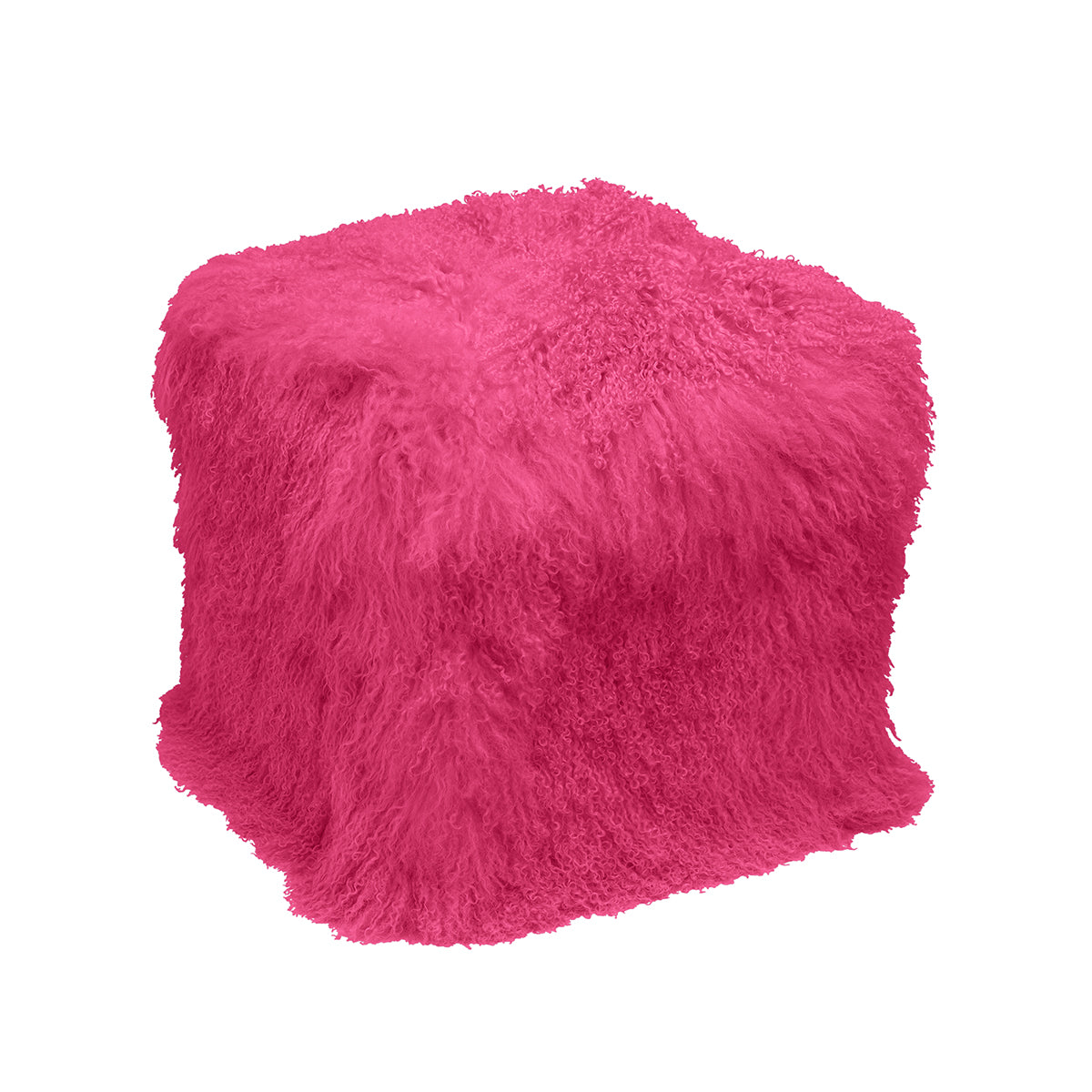 Flamingo pink Tibetan fur pouf with richly curled texture