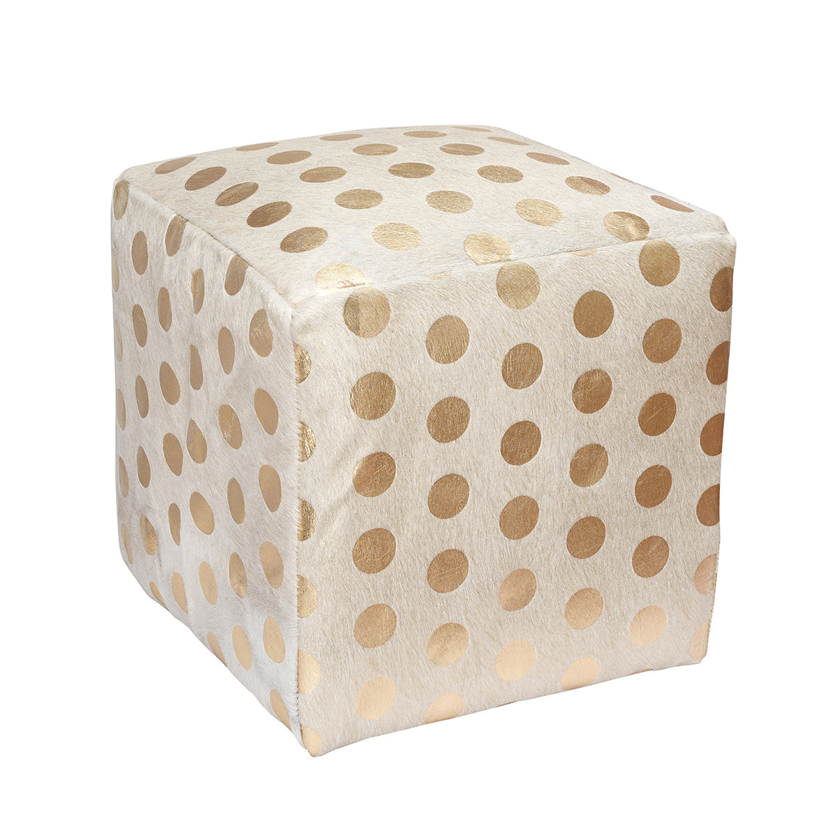Gold Circles on Ivory Cowhide Pouf with metallic gold circle pattern on genuine hair-on-hide