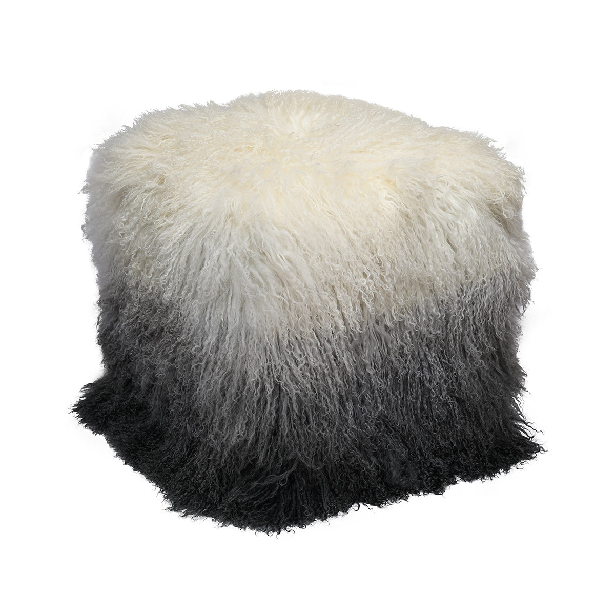 Grey Ombre Tibetan Pouf with ivory gray and charcoal curly fur
