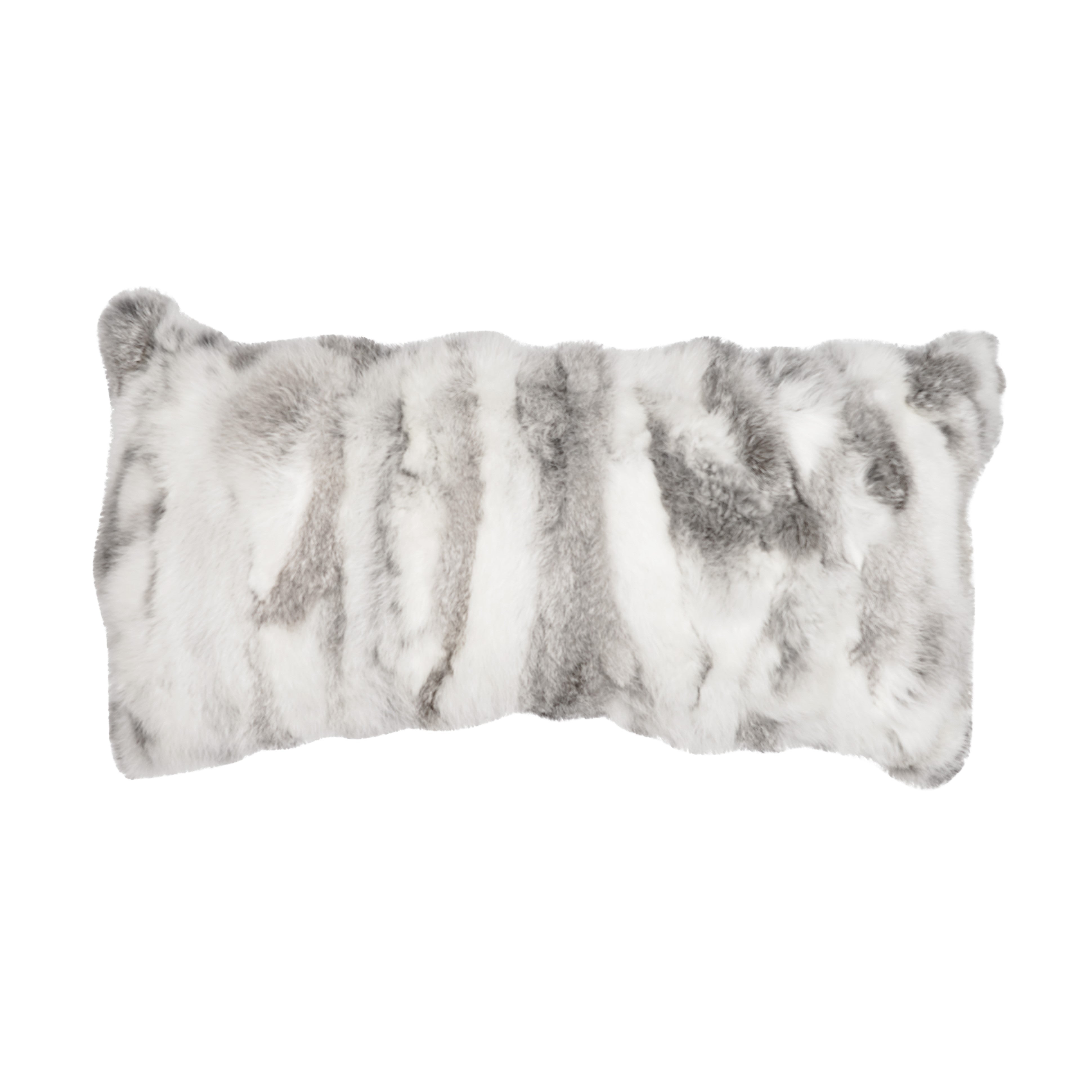 Grey pieced rabbit fur lumbar pillow in grey silver charcoal and white