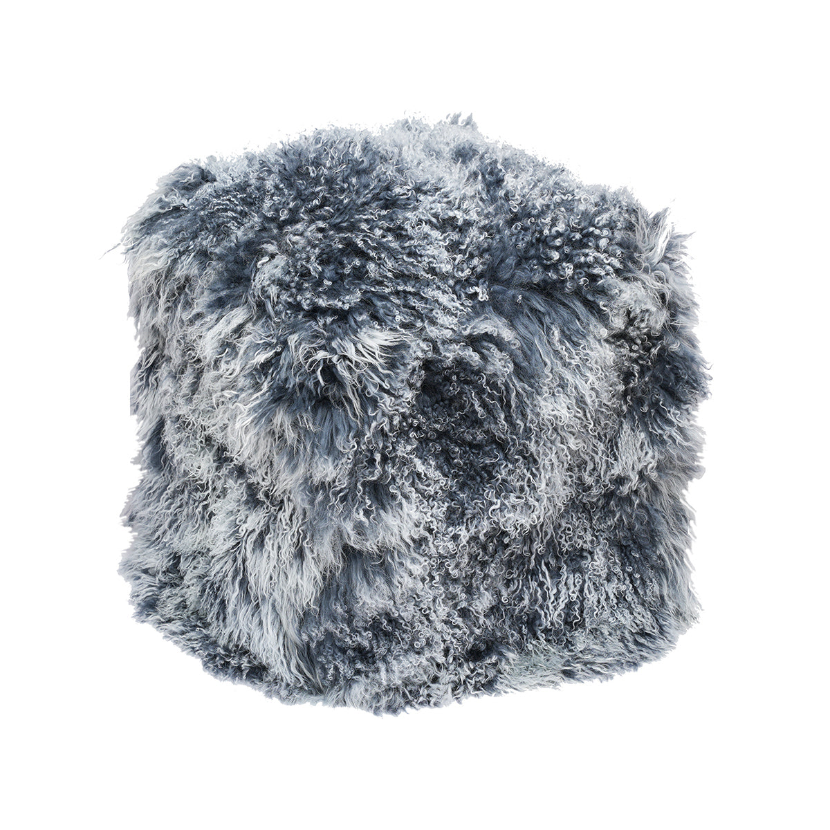 Grey-Tipped Tibetan Pouf with layered grey ivory and charcoal curly fur