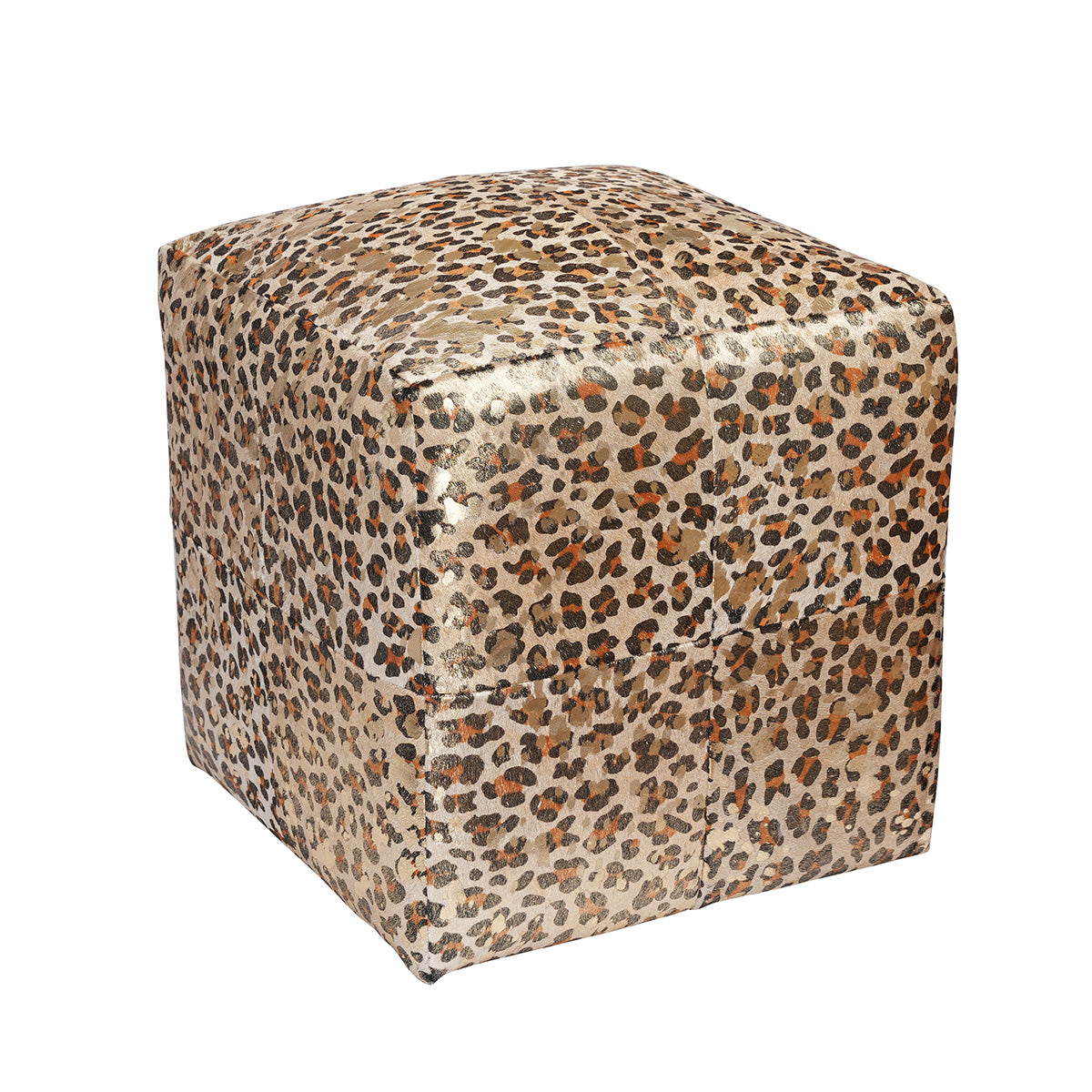 Leopard with Gold Acidwash Cowhide Pouf with genuine hair-on-hide and metallic leopard patterning
