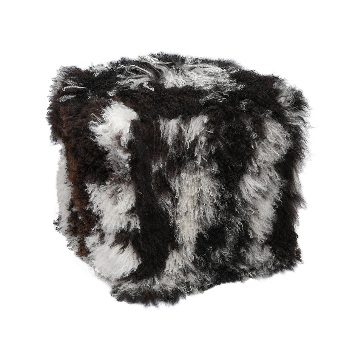 Natural Black and White Tibetan Pouf with charcoal gray and ivory curly fur