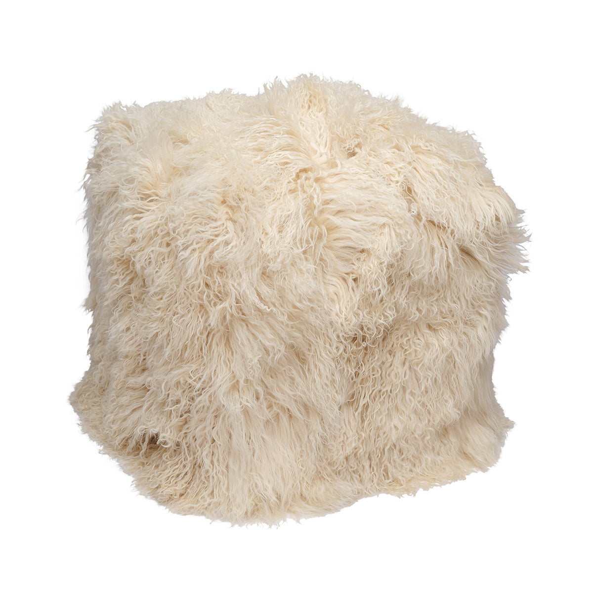 Off-White Tibetan Pouf with creamy off-white richly curled fur