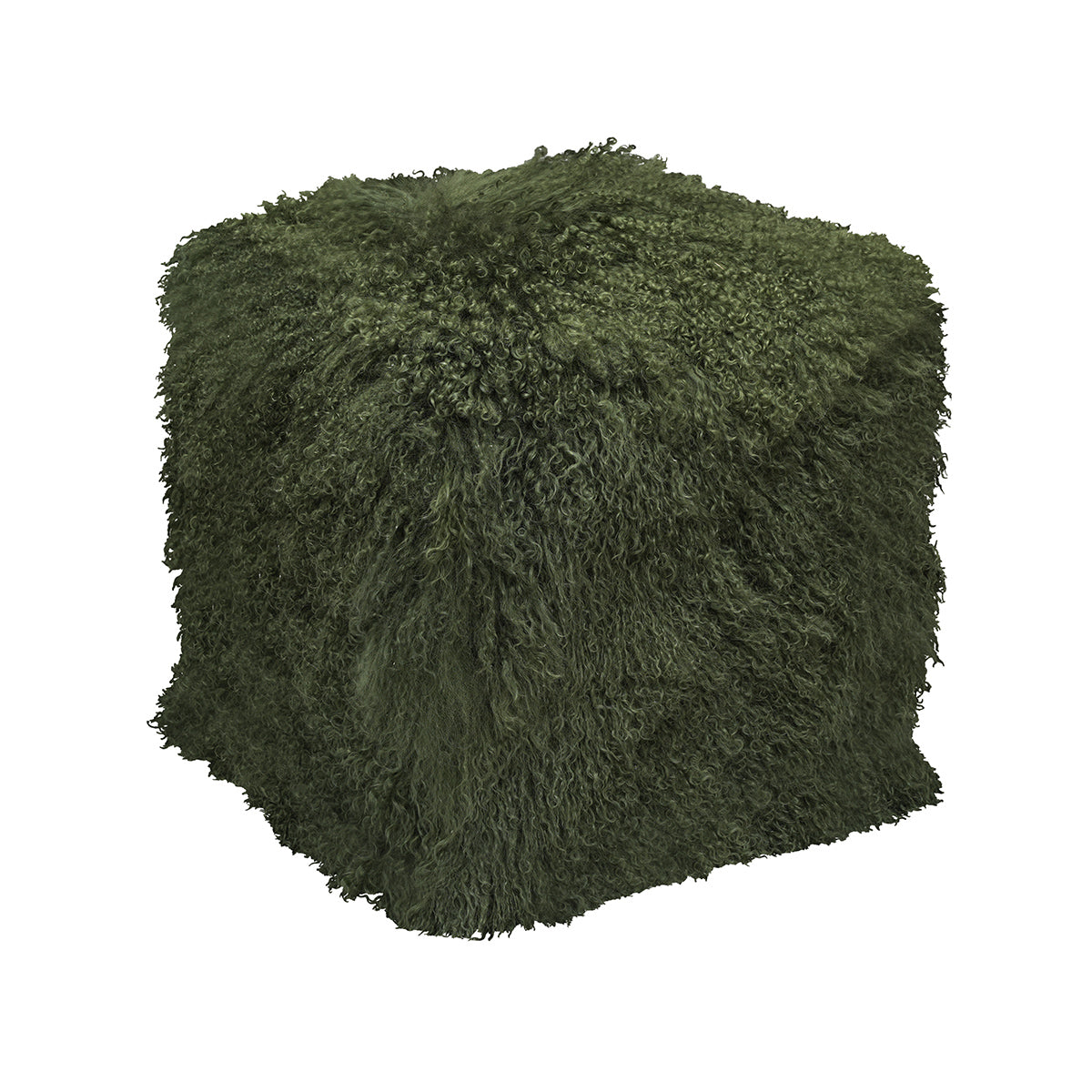 Olive Tibetan Pouf with deep olive green curly fur