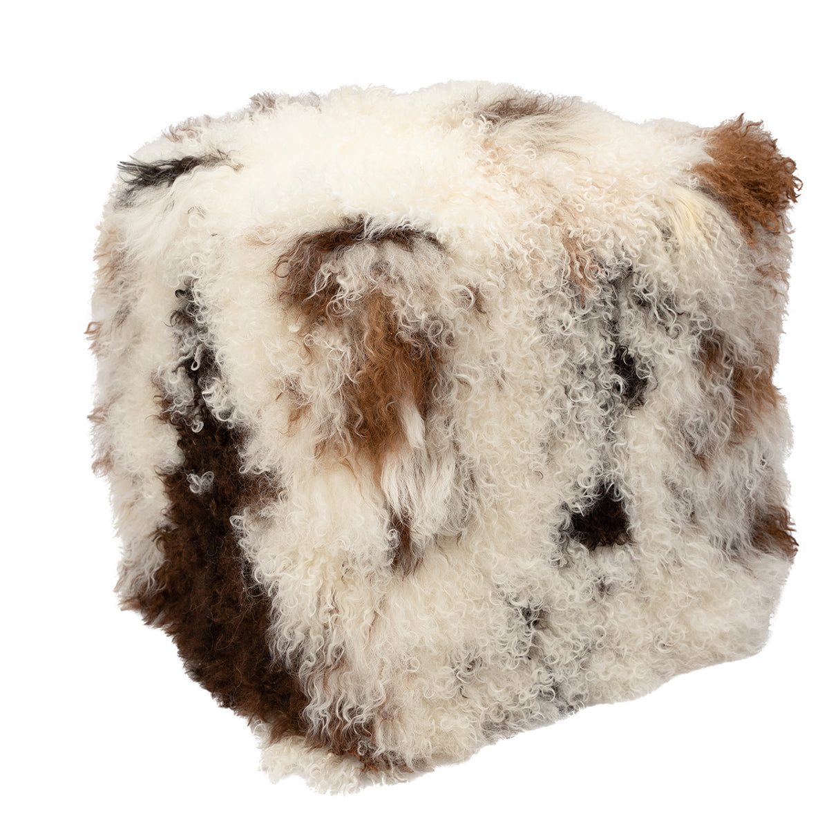 Tibetan Natural Tricolor Fur Pouf in ivory brown gray and black